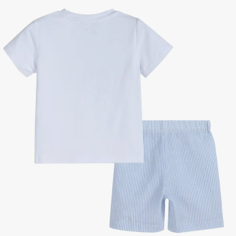 Blue Seersucker Bunnies Smocked Shirt and Shorts Set