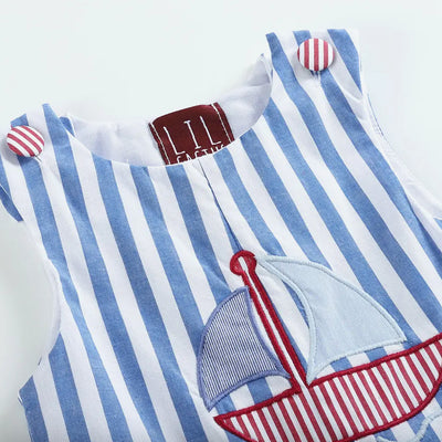 Blue and White Stripe Sailboat Applique Shortalls