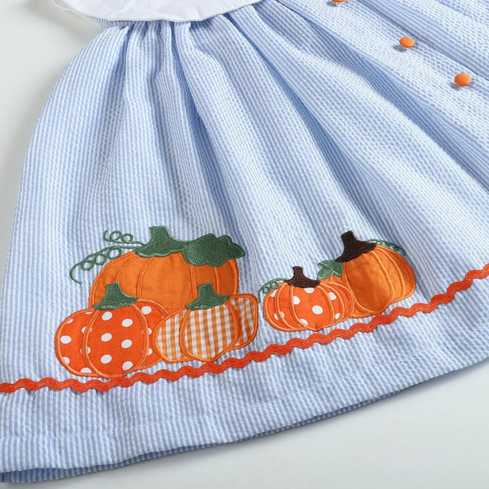 Light Blue Seersucker Pumpkin Yoke Dress
