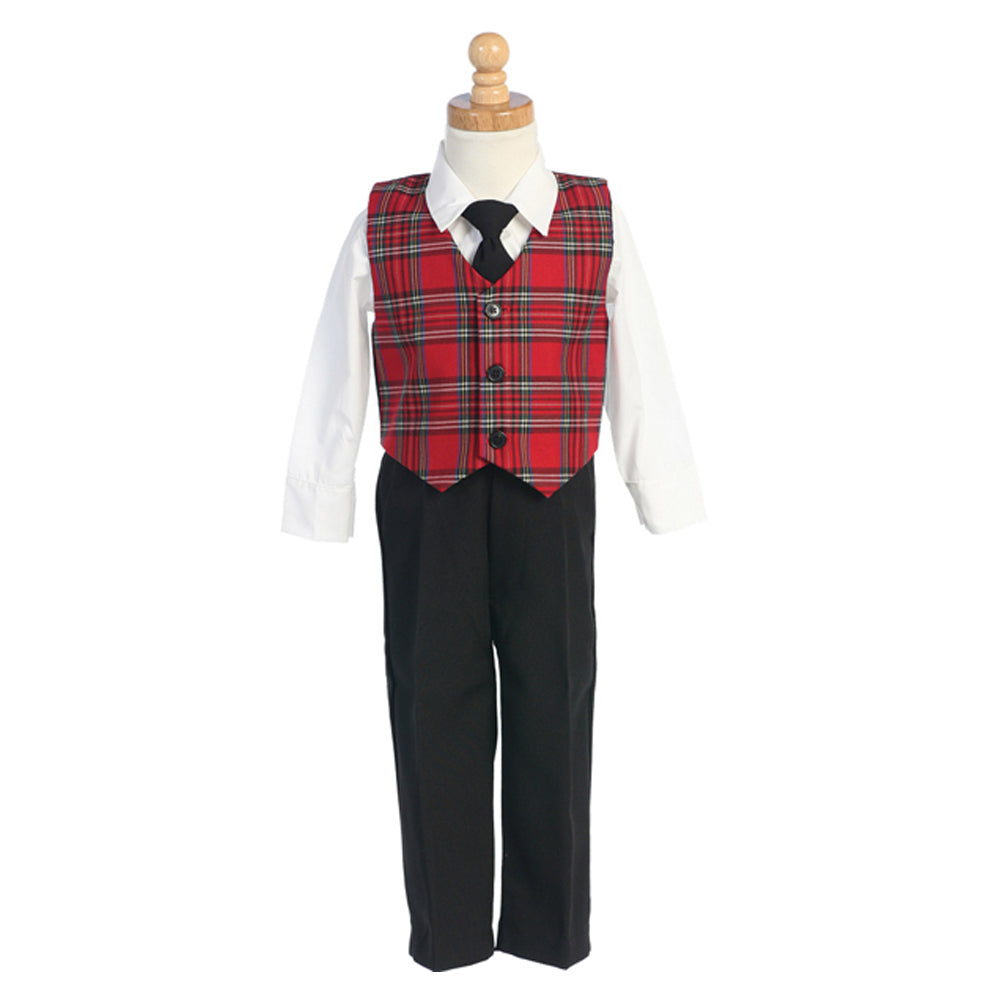 Boys Holiday Red Plaid Vest Set