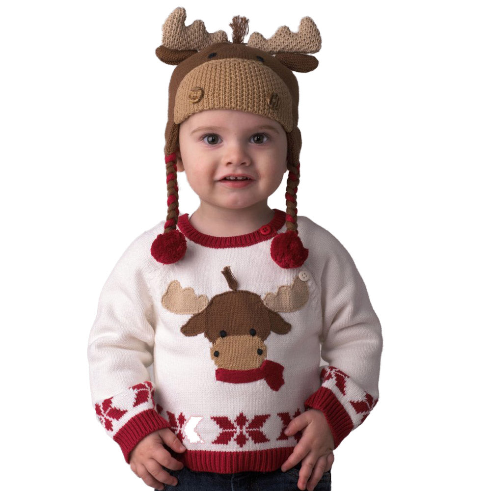 Hand Knit Cotton Holiday Moose Sweater