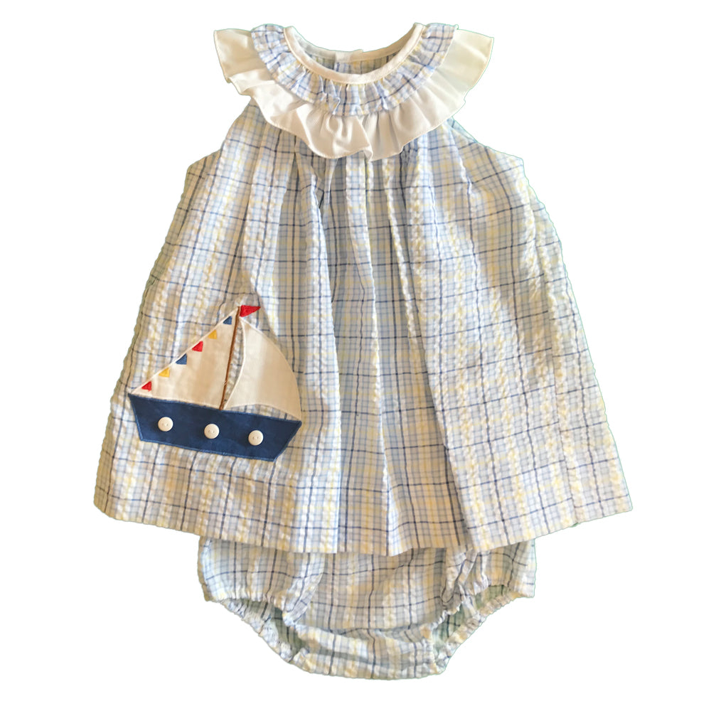 Baby and Toddler Girls Blue Plaid Sailboat Dress