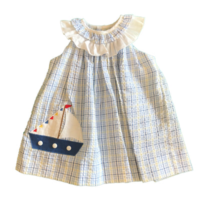 Baby and Toddler Girls Blue Plaid Sailboat Dress