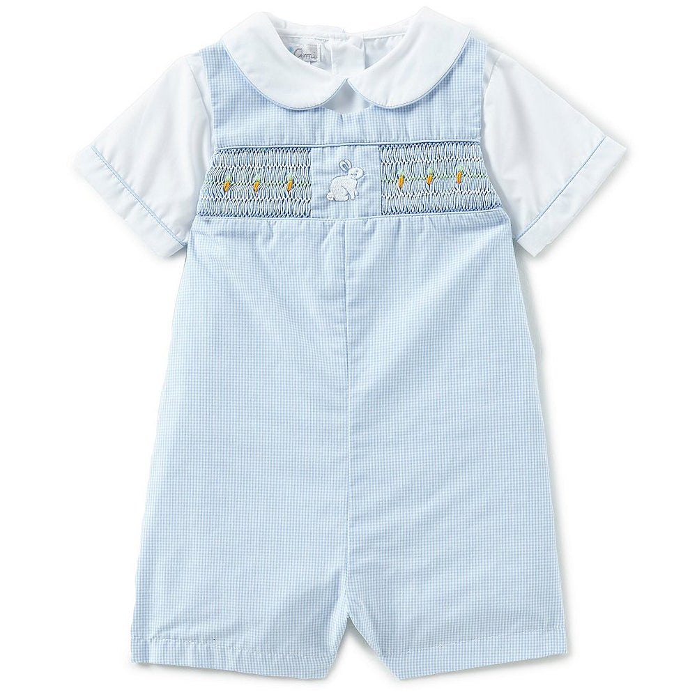 Baby Boys Blue Easter Bunny Smocked Shortall