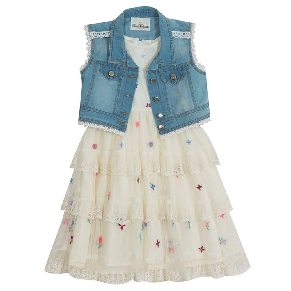 Ivory Mesh Floral Embroidered Dress with Lace Trim Denim Vest