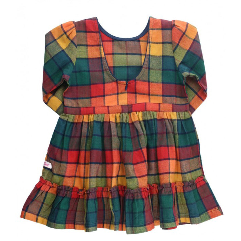 Autumn Rainbow Plaid Scoop Back Ruffle Dress