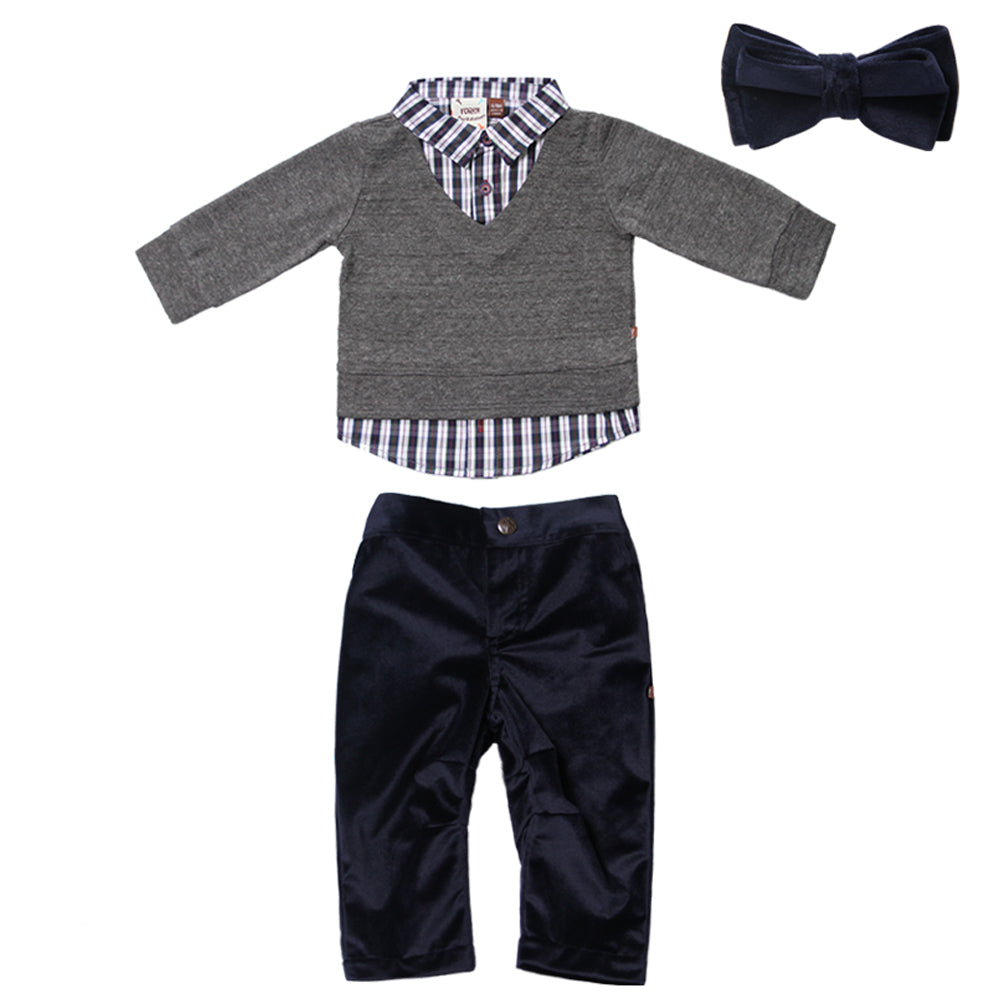 Charcoal 2fer Sweater and Navy Suede Pant Set for Baby Boys
