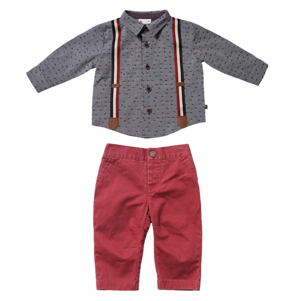 Confetti Suspender Shirt with Crimson Twill Pant Set for Baby Boys