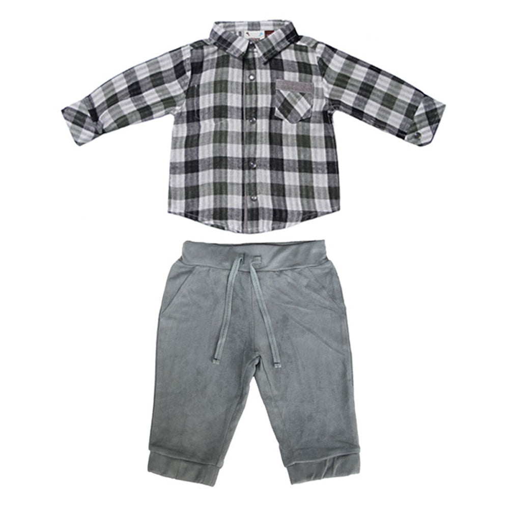 Forest Green Plaid and Grey Suede Jogger Set for Baby Boys