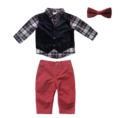 Navy Suede Vest and Pant Set with Bowtie for Baby Boys