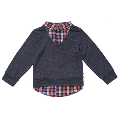 Ribbed Knit Sweater and Plaid 2fer Shirt for Boys