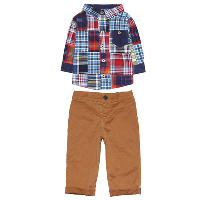Madras Plaid Shirt and Mustard Twill Trousers for Baby Boys