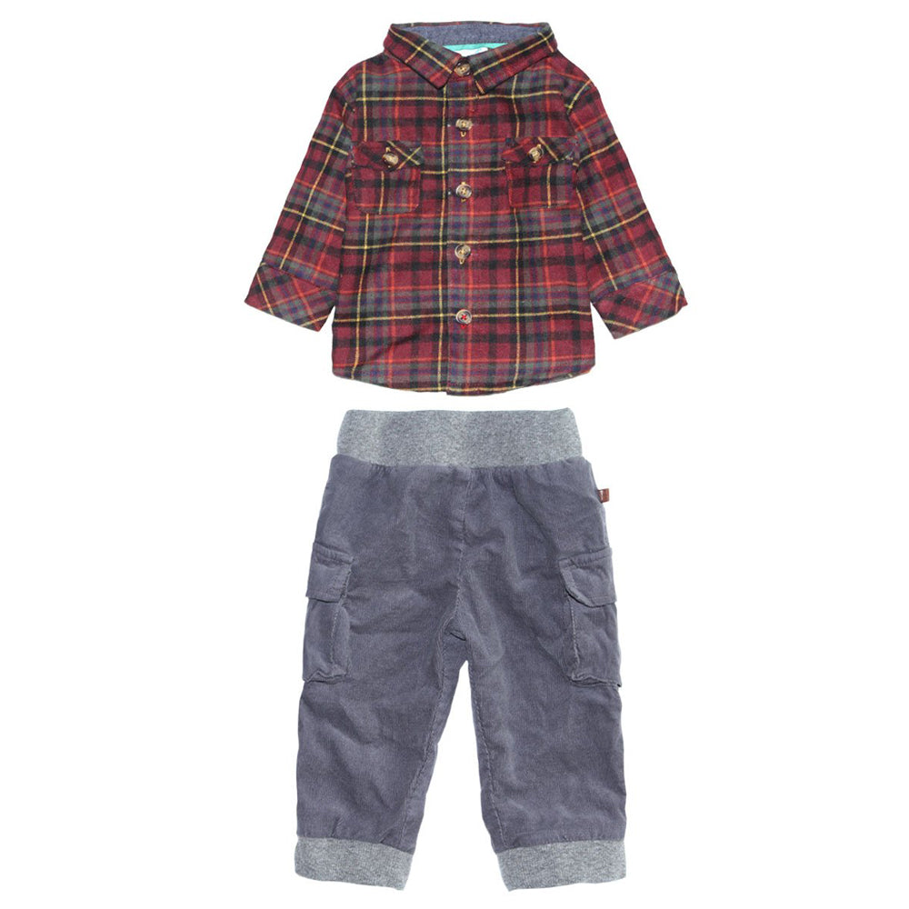 Log Cabin Plaid Flannel Shirt and Corduroy Cargo Jogger Pants for Baby Boys