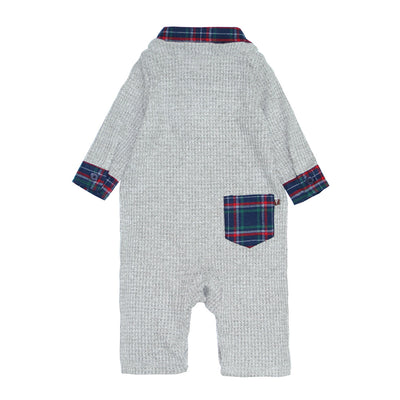 Waffle Knit Sweater and Plaid Shirt 2fer Romper for Baby Boys