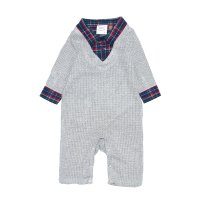 Waffle Knit Sweater and Plaid Shirt 2fer Romper for Baby Boys