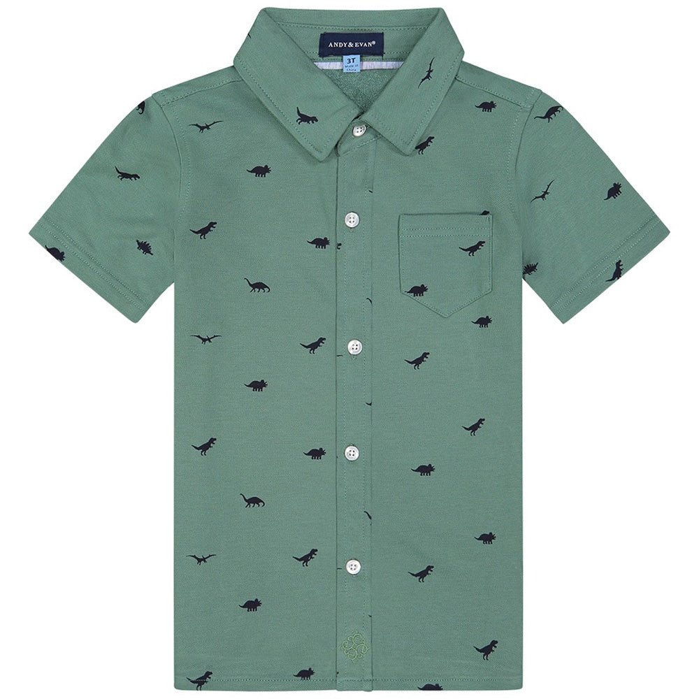 Boys Green Dinosaur Knit Button Down Shirt