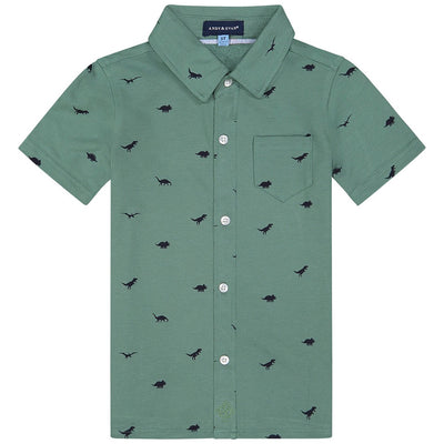 Boys Green Dinosaur Knit Button Down Shirt