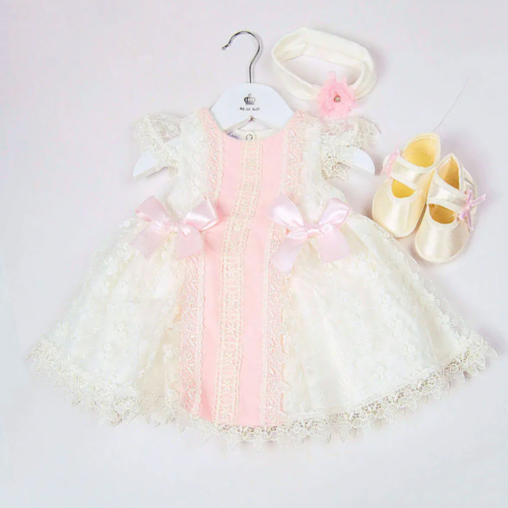 Baby Girls Pink and Ivory Lace Dress Set