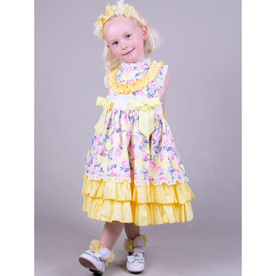 Little Girls Lemon Yellow and Pink Floral Dress
