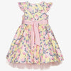 Baby and Little Girls Lemon Yellow and Pink Floral Dress with Tulle