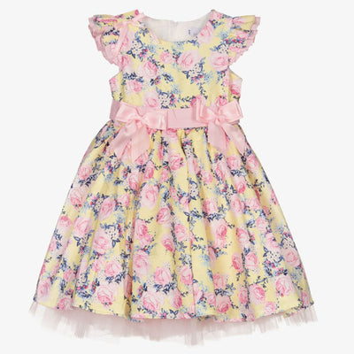 Baby and Little Girls Lemon Yellow and Pink Floral Dress with Tulle