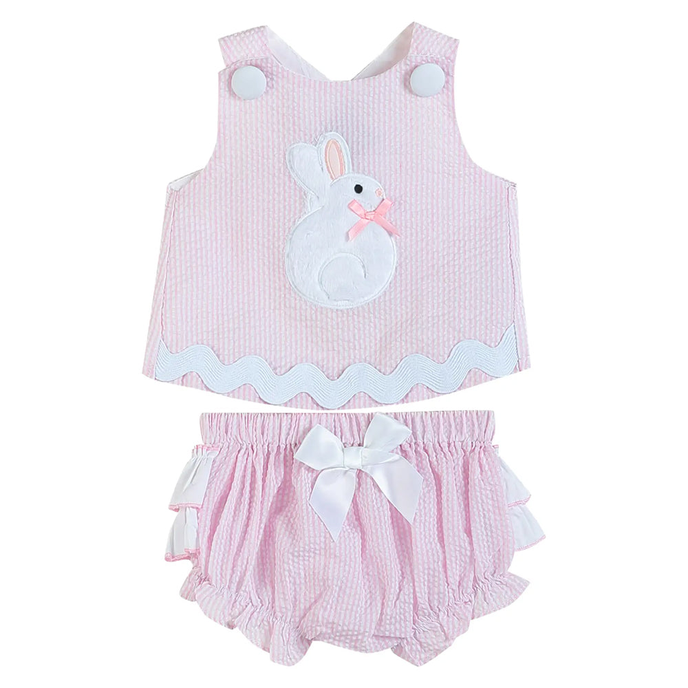 Pink Striped Seersucker Fuzzy Bunny Top and Bloomer Set