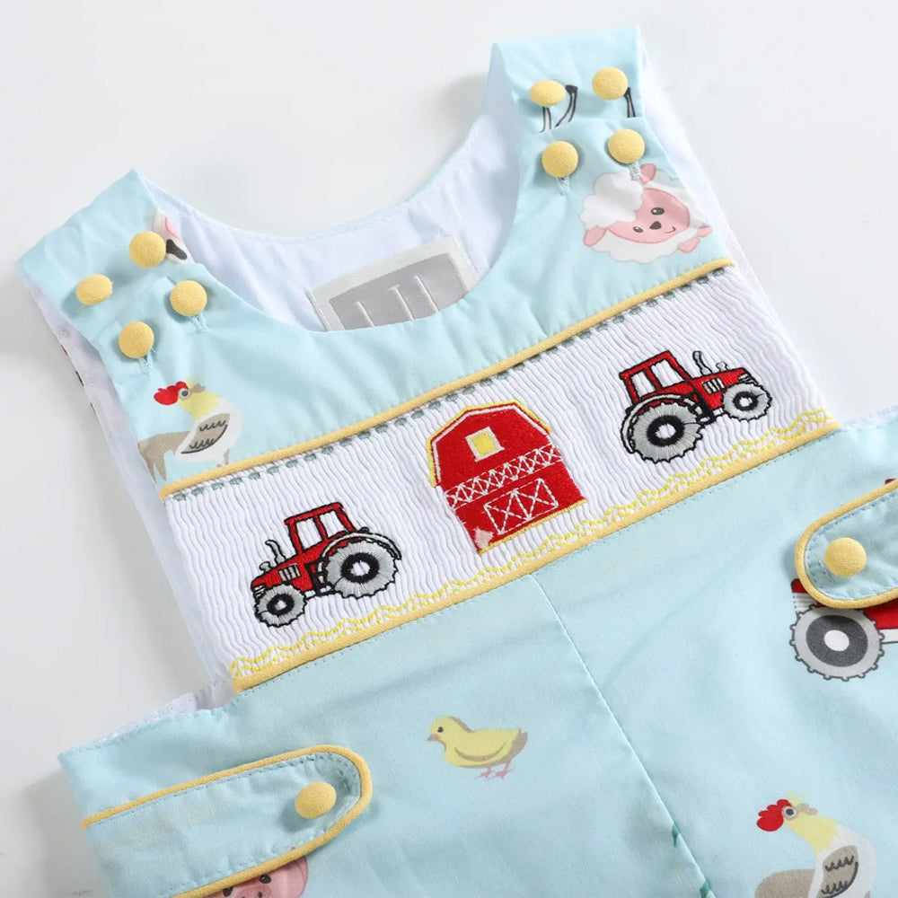 Light Blue Barnyard Print Smocked Romper