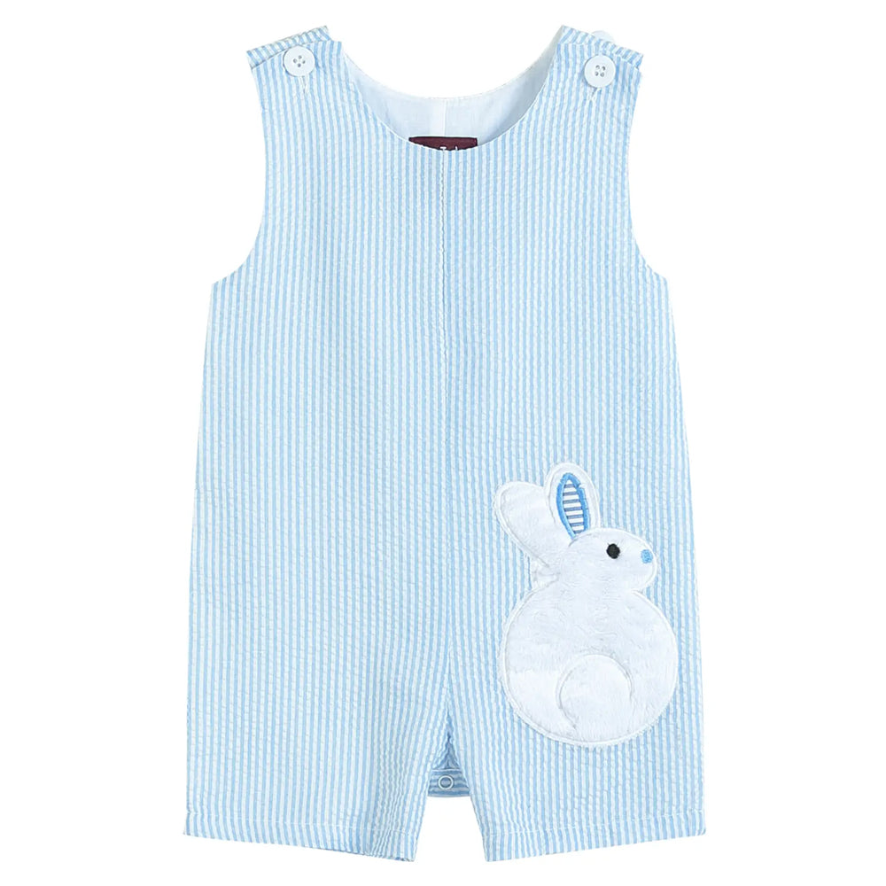 Light Blue Seersucker Fuzzy Bunny Shortalls