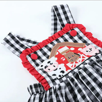 Black Gingham Barn Scene Applique Jumper Dress