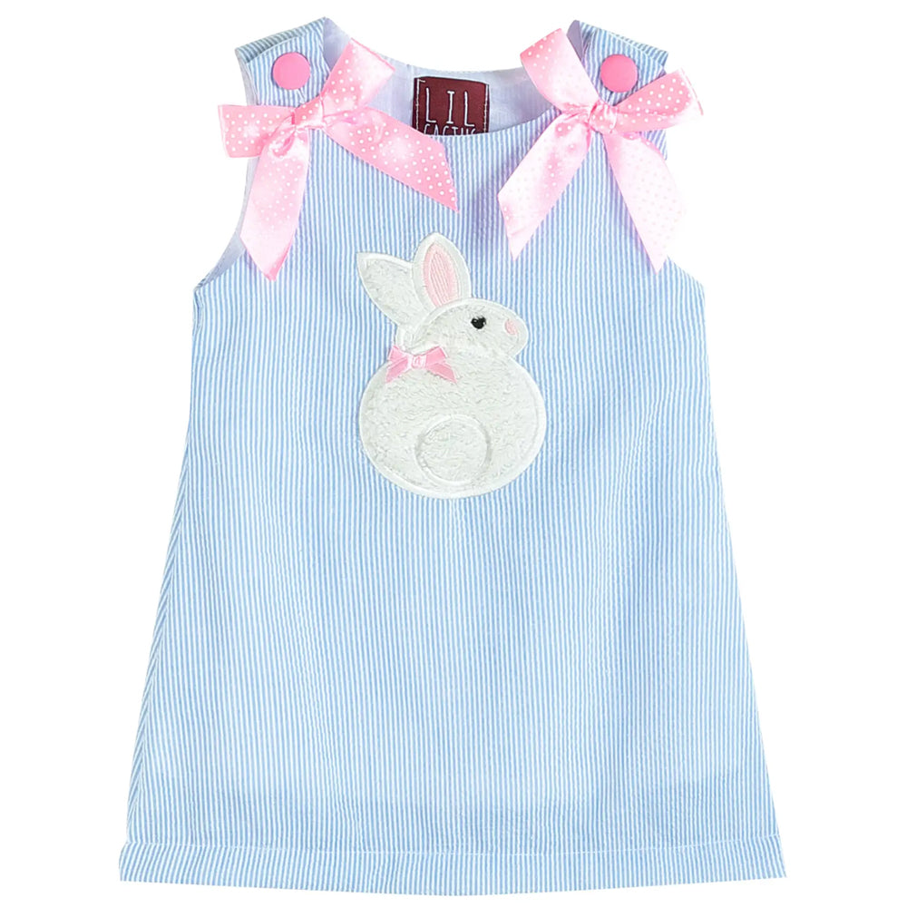 Blue Seersucker Fuzzy Bunny Applique Swing Dress