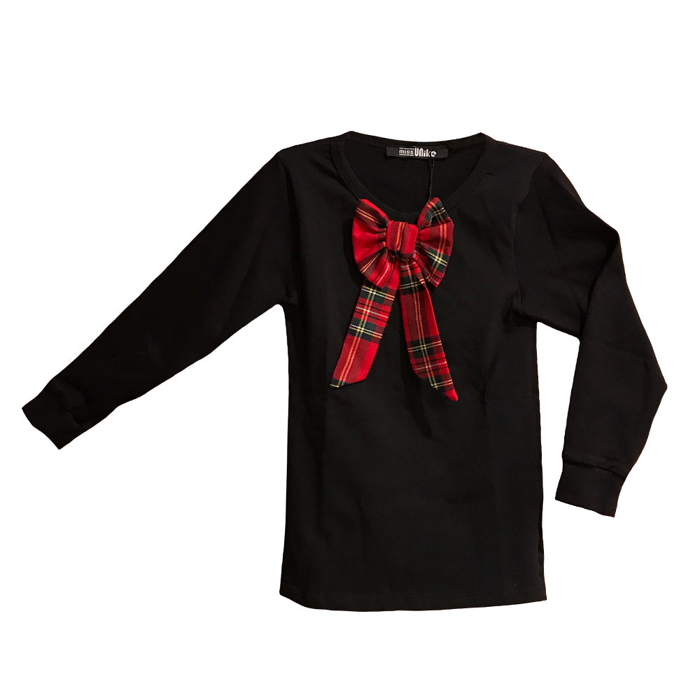 Miss Anna Plaid Bow Accented Long Sleeve Top