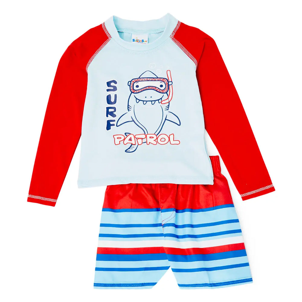 Boys Red Surf Patrol Long Sleeve Rash Guard Swim Set