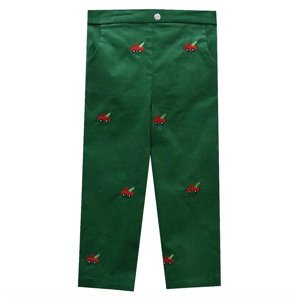 Boys Green Corduroy Christmas Truck Embroidered Pants