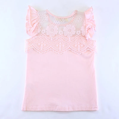 Pink Floral Lace Mesh Insert Flutter Sleeve Top