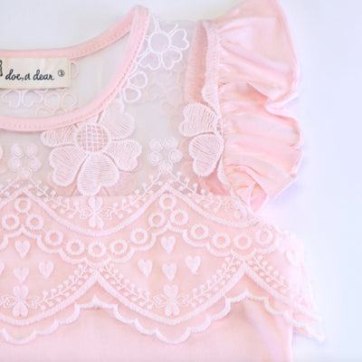 Pink Floral Lace Mesh Insert Flutter Sleeve Top