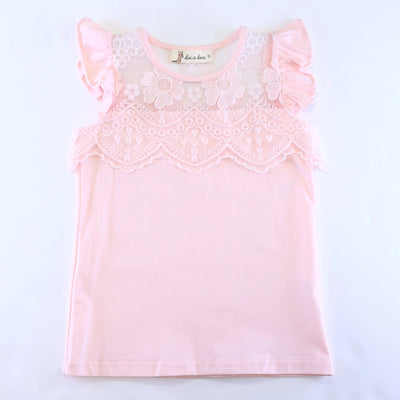 Pink Floral Lace Mesh Insert Flutter Sleeve Top