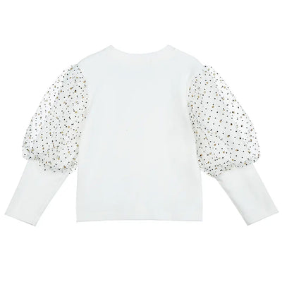 Girls White Jersey Top with Dotted Mesh Puff Sleeves