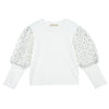 Girls White Jersey Top with Dotted Mesh Puff Sleeves