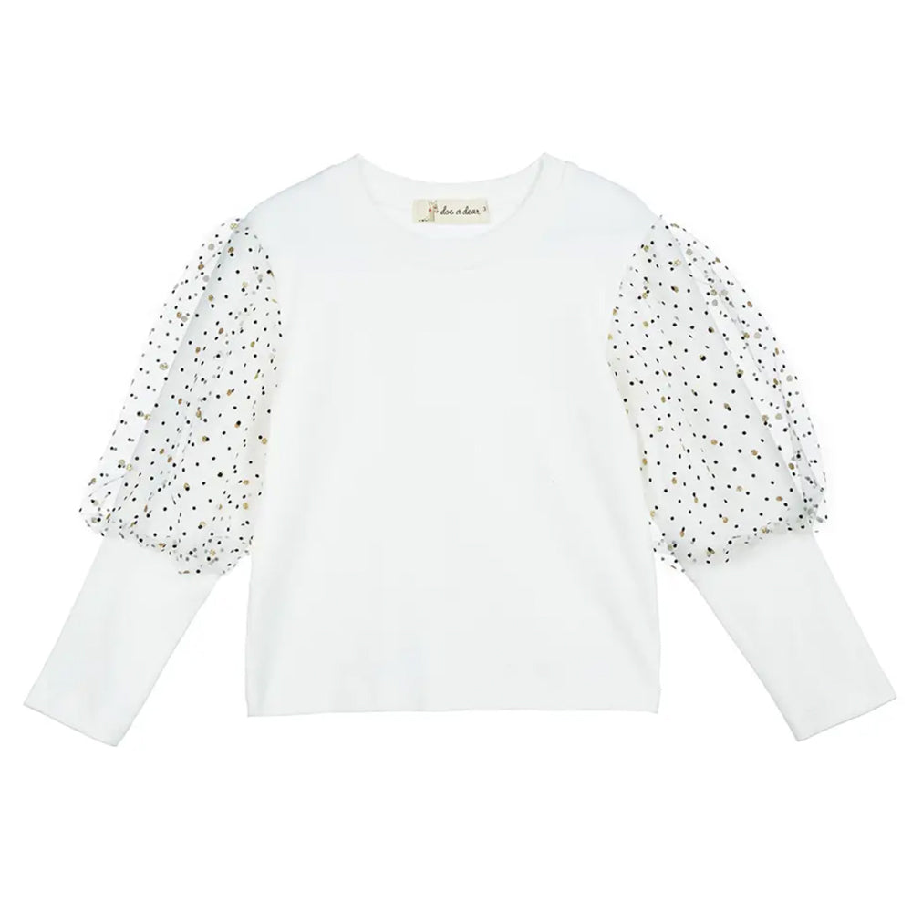 Girls White Jersey Top with Dotted Mesh Puff Sleeves