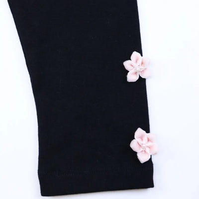 Girls Black Leggings with Ribbon Floral Detail