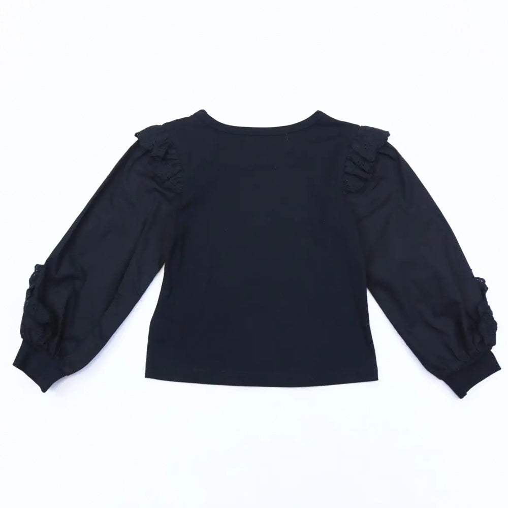 Girls Black Woven Ruffle Trim Top