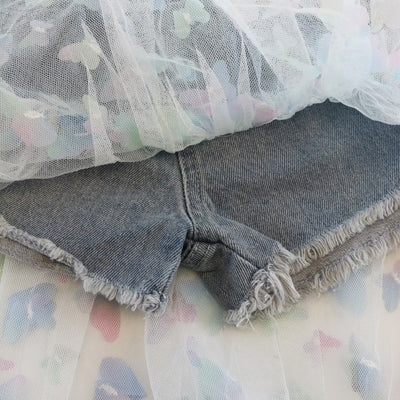 Toddler and Little Girls 2T-6 Butterfly Mesh Layered Denim Shorts