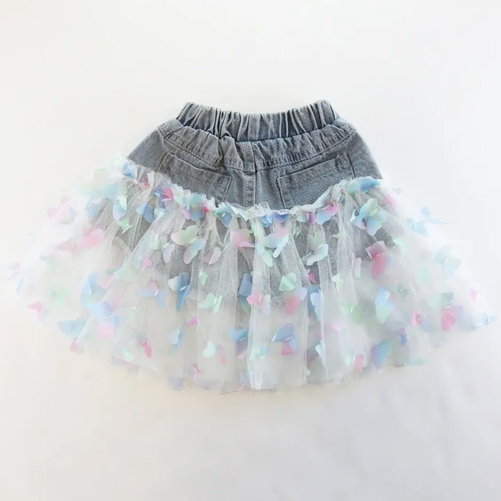 Toddler and Little Girls 2T-6 Butterfly Mesh Layered Denim Shorts