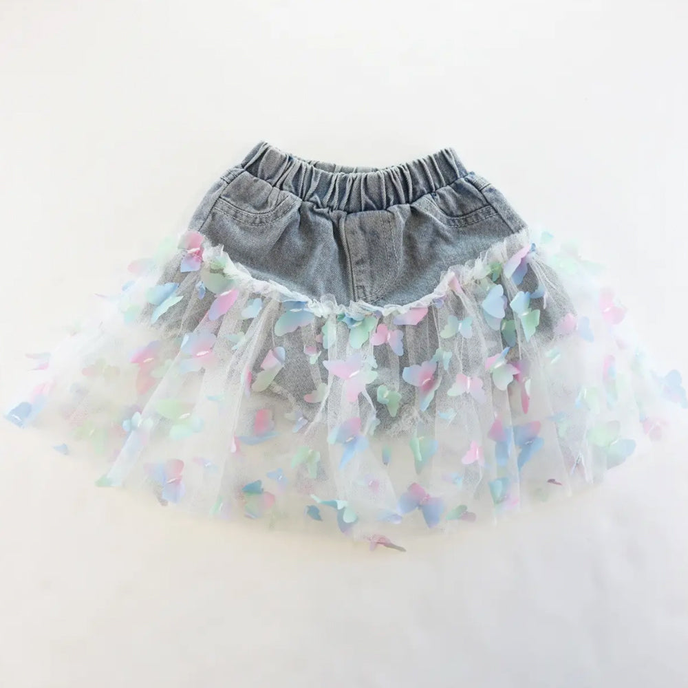 Toddler and Little Girls 2T-6 Butterfly Mesh Layered Denim Shorts