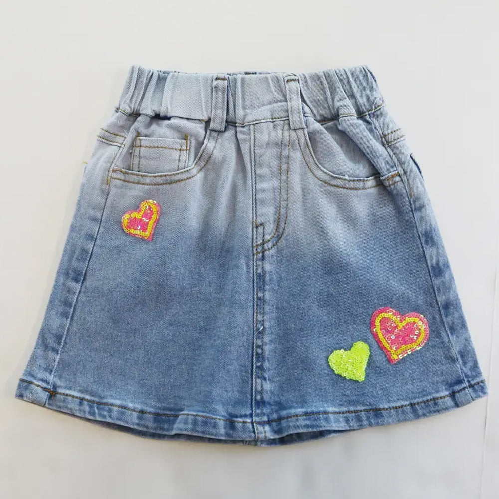 Toddler and Little Girls Sequin Hearts Denim Skirt