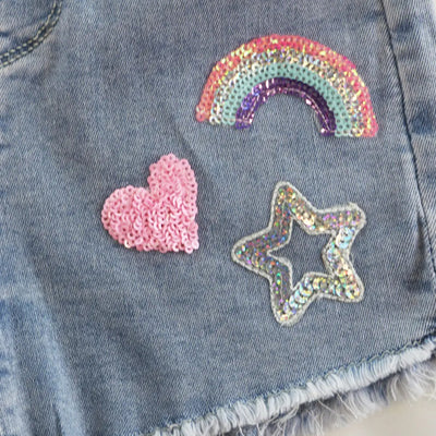 Toddler and Little Girls 2T-6 Sequin Heart and Rainbow Denim Shorts