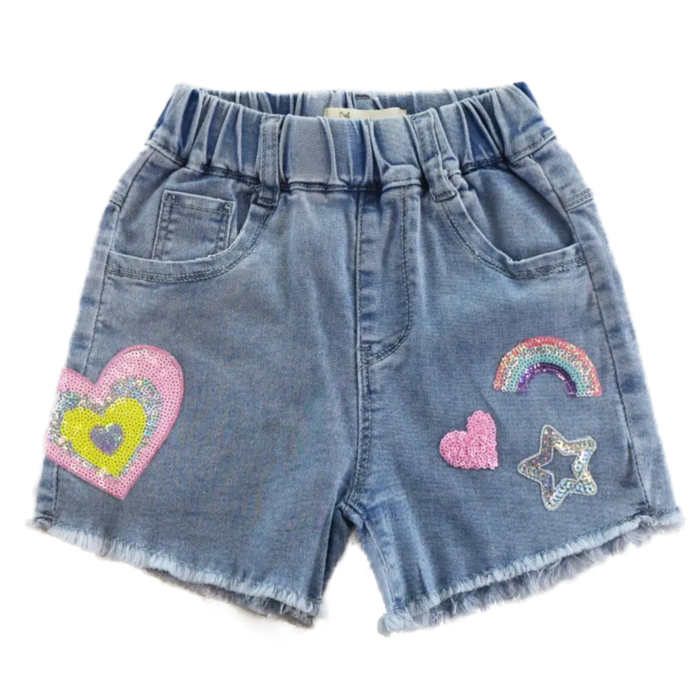 Toddler and Little Girls 2T-6 Sequin Heart and Rainbow Denim Shorts