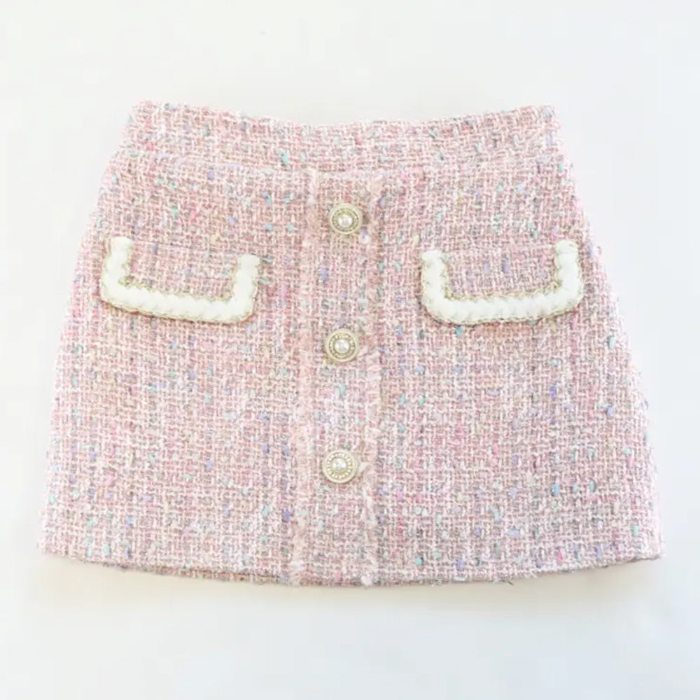 Button Front Pink Tweed Skirt