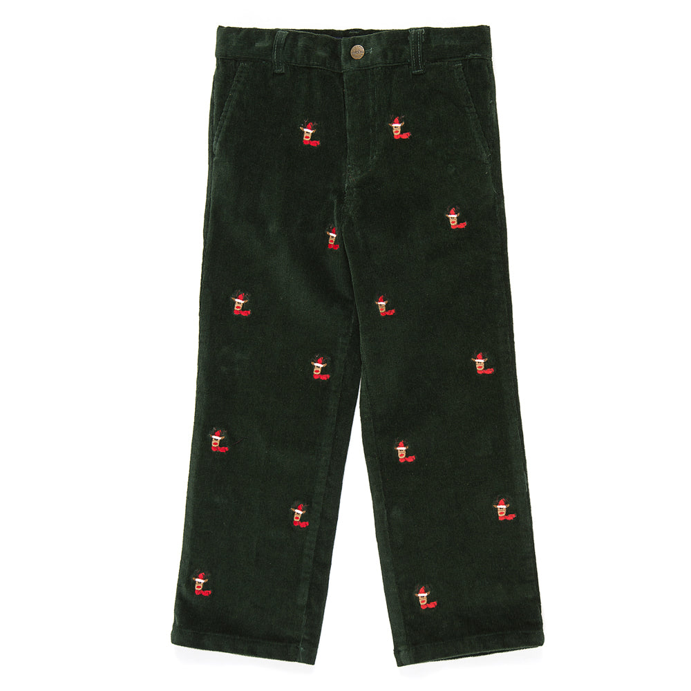 Boys Green Corduroy Embroidered Cord Reindeer Pants