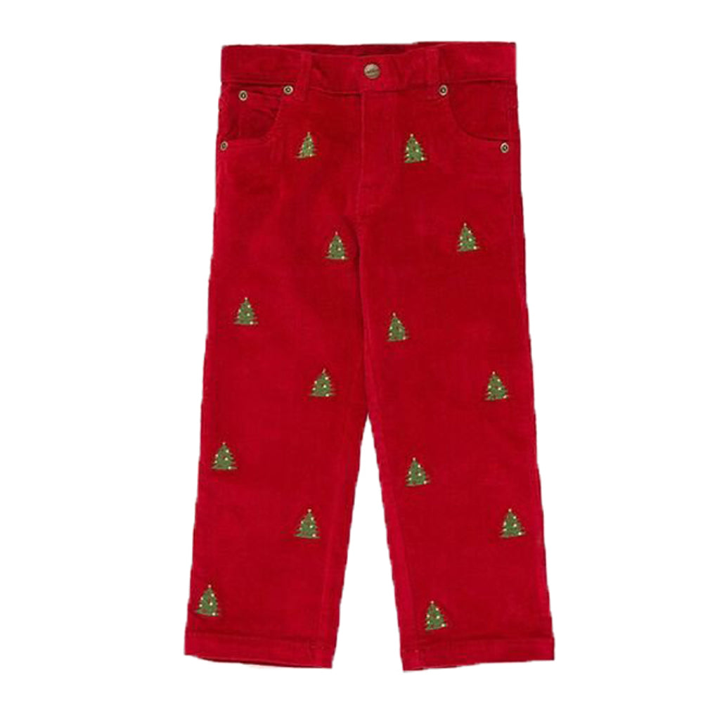Boys Red Corduroy Embroidered Christmas Tree Pants